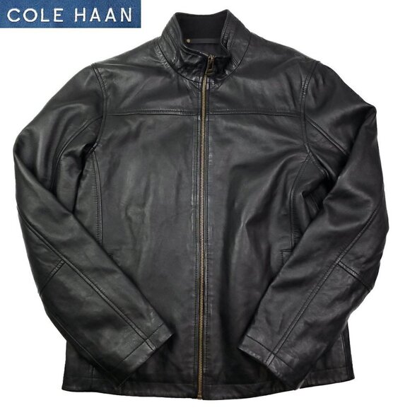 Cole Haan Lambskin Leather Jacket Black Moto Full Zip S/P Small Petite - Picture 1 of 13